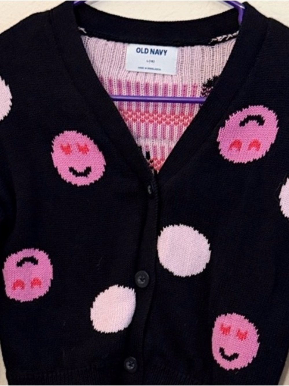 Old Navy Black Cardigan with Pink Smiley Dots